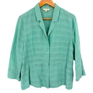 Eileen Fisher Womens Large Linen Blazer‎ Jacket Green 3 Button Front Lightweight